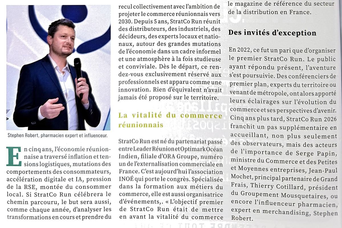 Extrait de l'article de Leader Réunion n°251, octobre 2026, sur les 5 ans du congrès StratCo Run, avec la photo de Stephen Robert