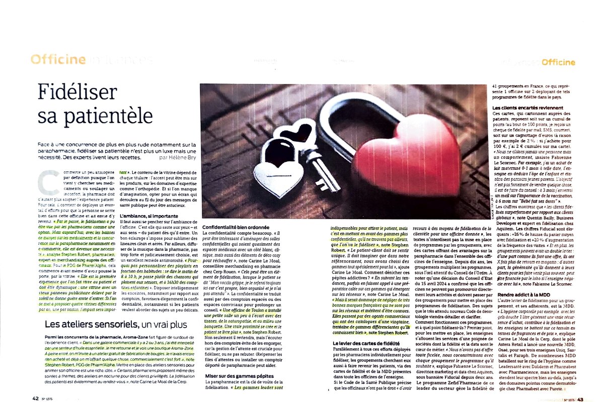 Page 1 de l'article Le Pharmacien de France n°1375, sujet fidélisation patientèle avec Stephen Robert